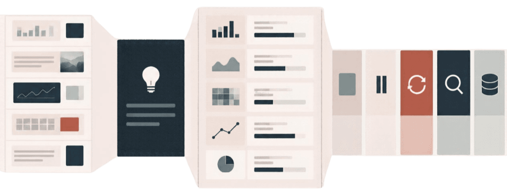 Illustration of market, search, performance and evidence views brought together around one strategic idea