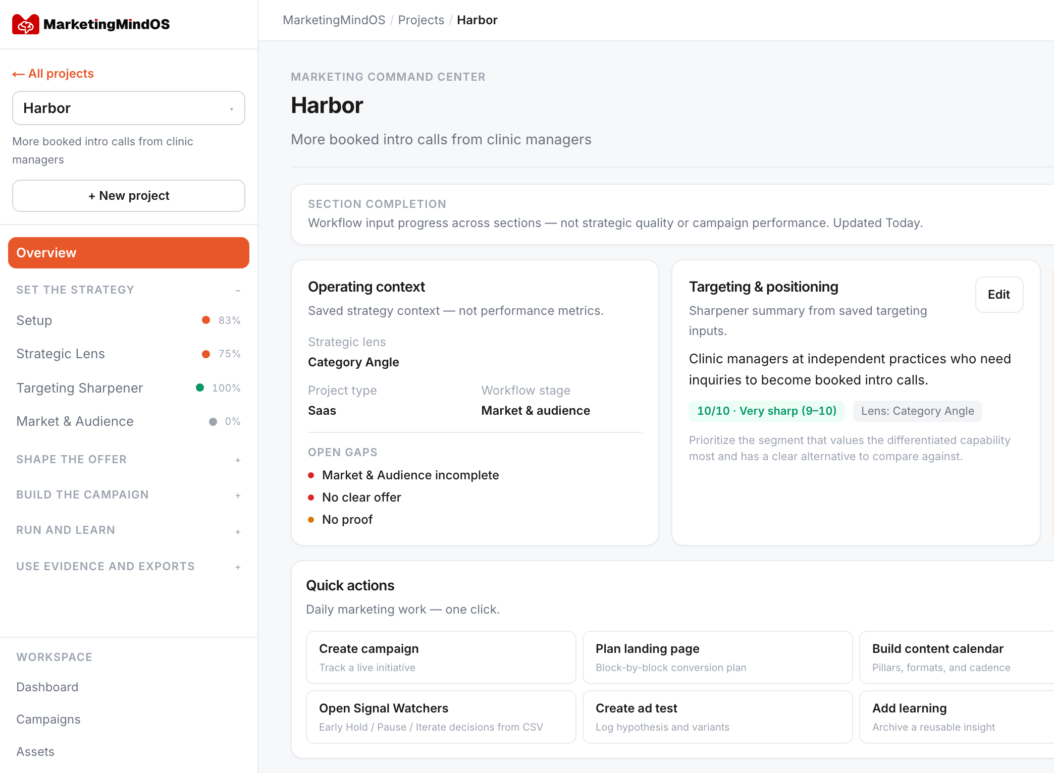 MarketingMindOS project command center with the planning sidebar, saved operating context, targeting and positioning, and quick actions for campaigns, landing pages, content and ad tests